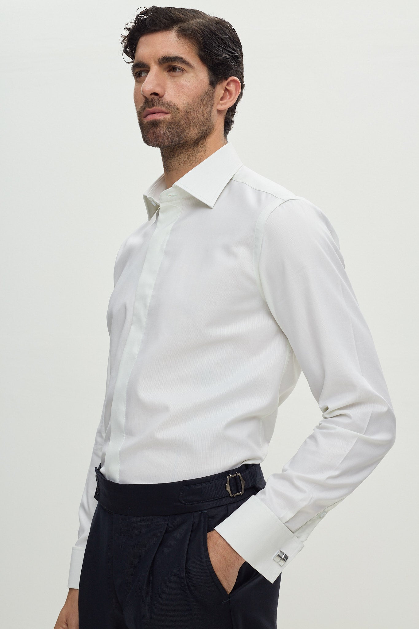 WHITE GREEN COTTON SHIRT WITH FRENCH CUFFS