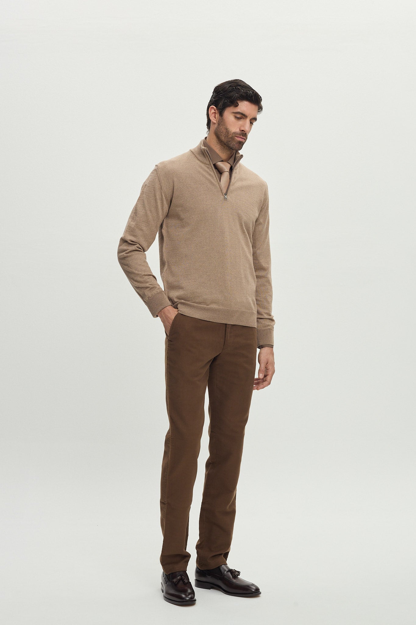 HALF ZIP BROWN CASHWOOL KNITWEAR