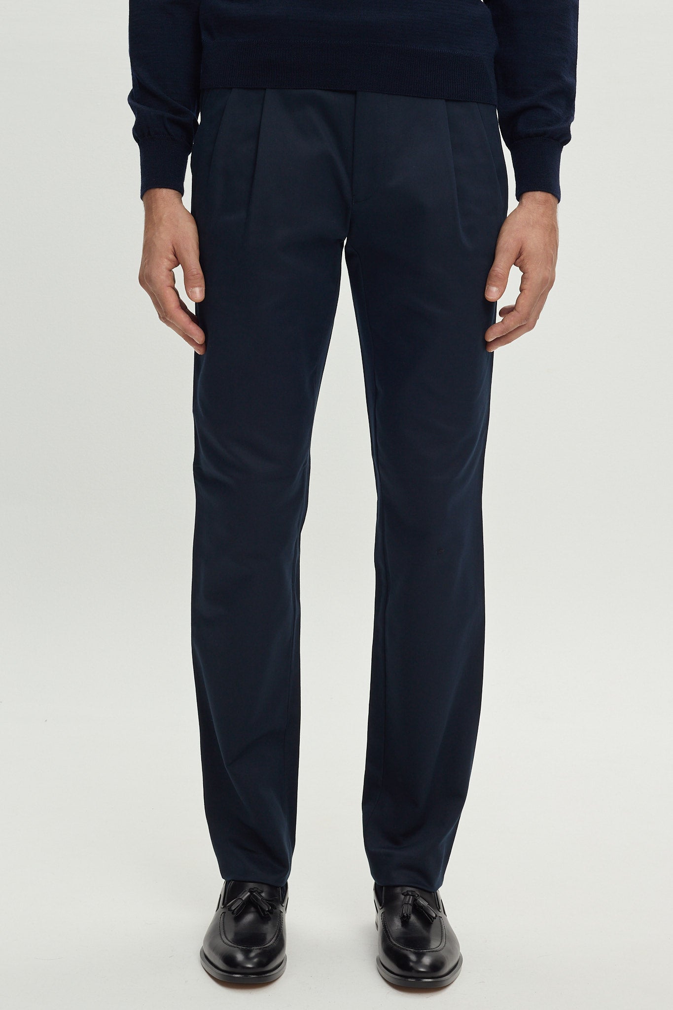 BLUE COTTON TROUSERS WITH PLEATS AND SIDE ADJUSTERS