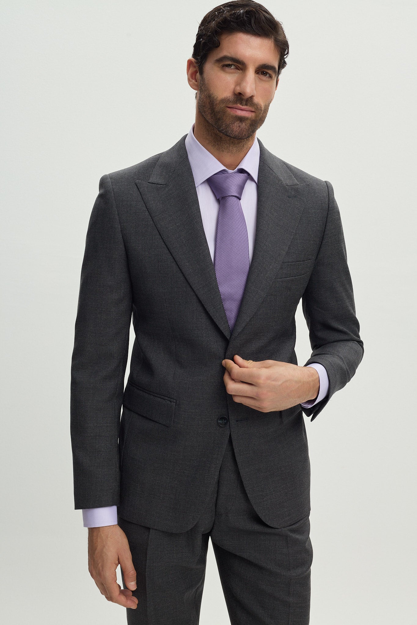 Grey Micropattern Single Breasted Peak Lapel Suit
