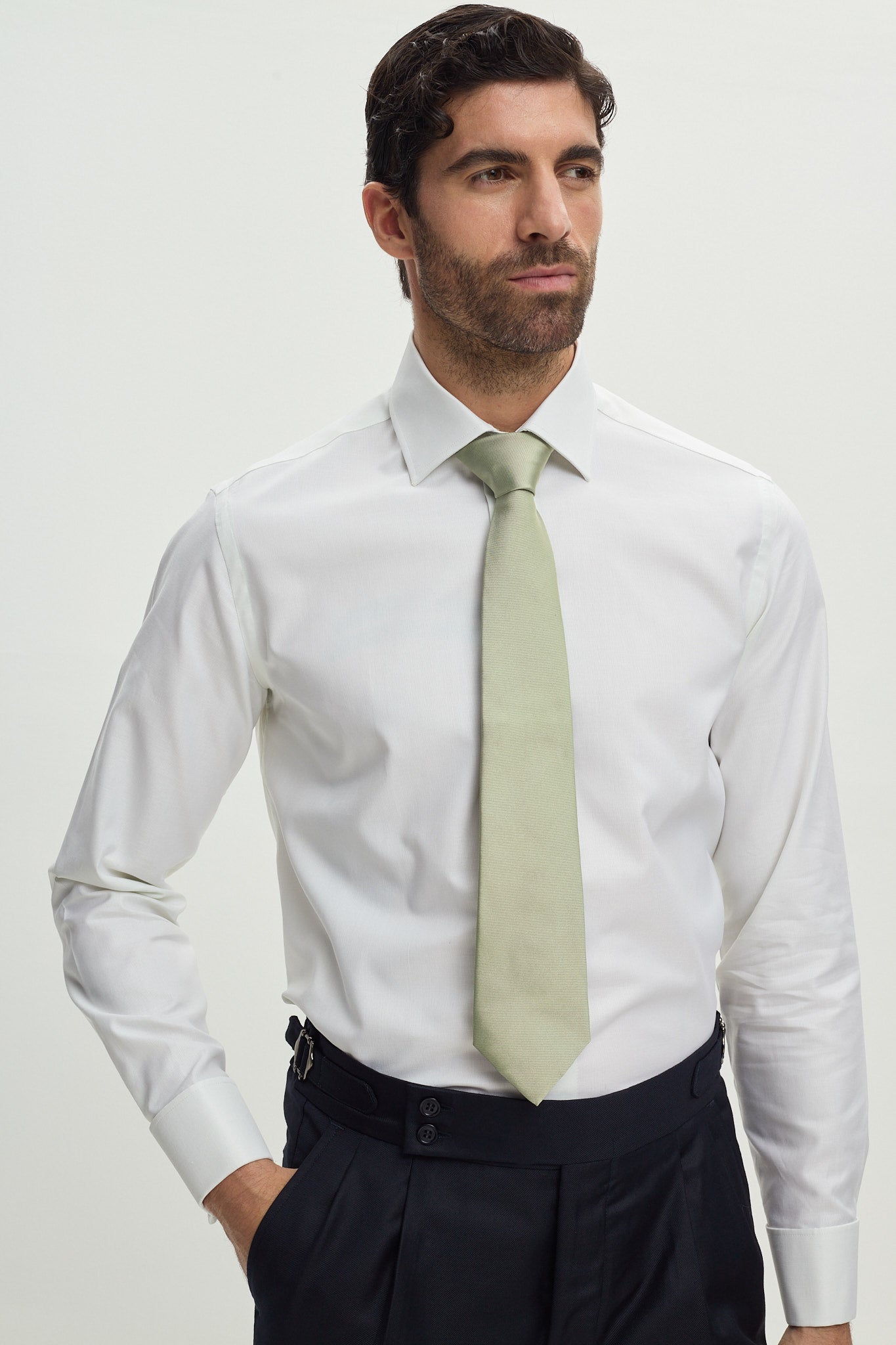 WHITE GREEN COTTON SHIRT WITH FRENCH CUFFS